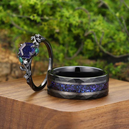 Unique Blue Galaxy Sandstone Engagement Leaves Couple Rings Black Plated Matching His And Hers Wedding Bands