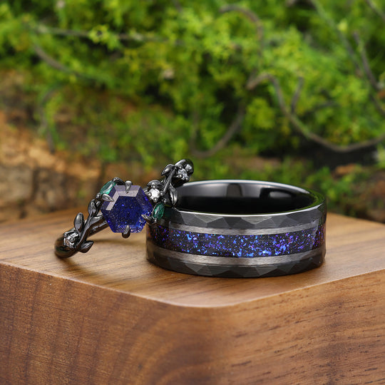 Unique Blue Galaxy Sandstone Engagement Leaves Couple Rings Black Plated Matching His And Hers Wedding Bands