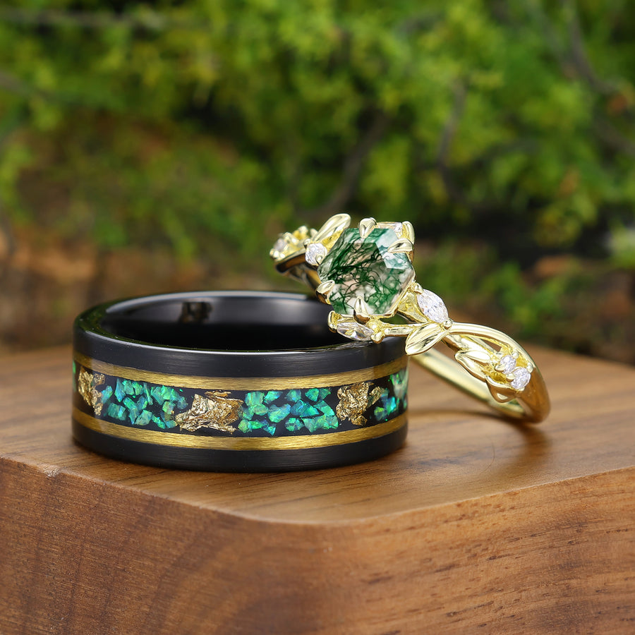 Anillos de pareja de ágata musgosa inspirados en la naturaleza, anillo amarillo de oro y verde para hombres y mujeres