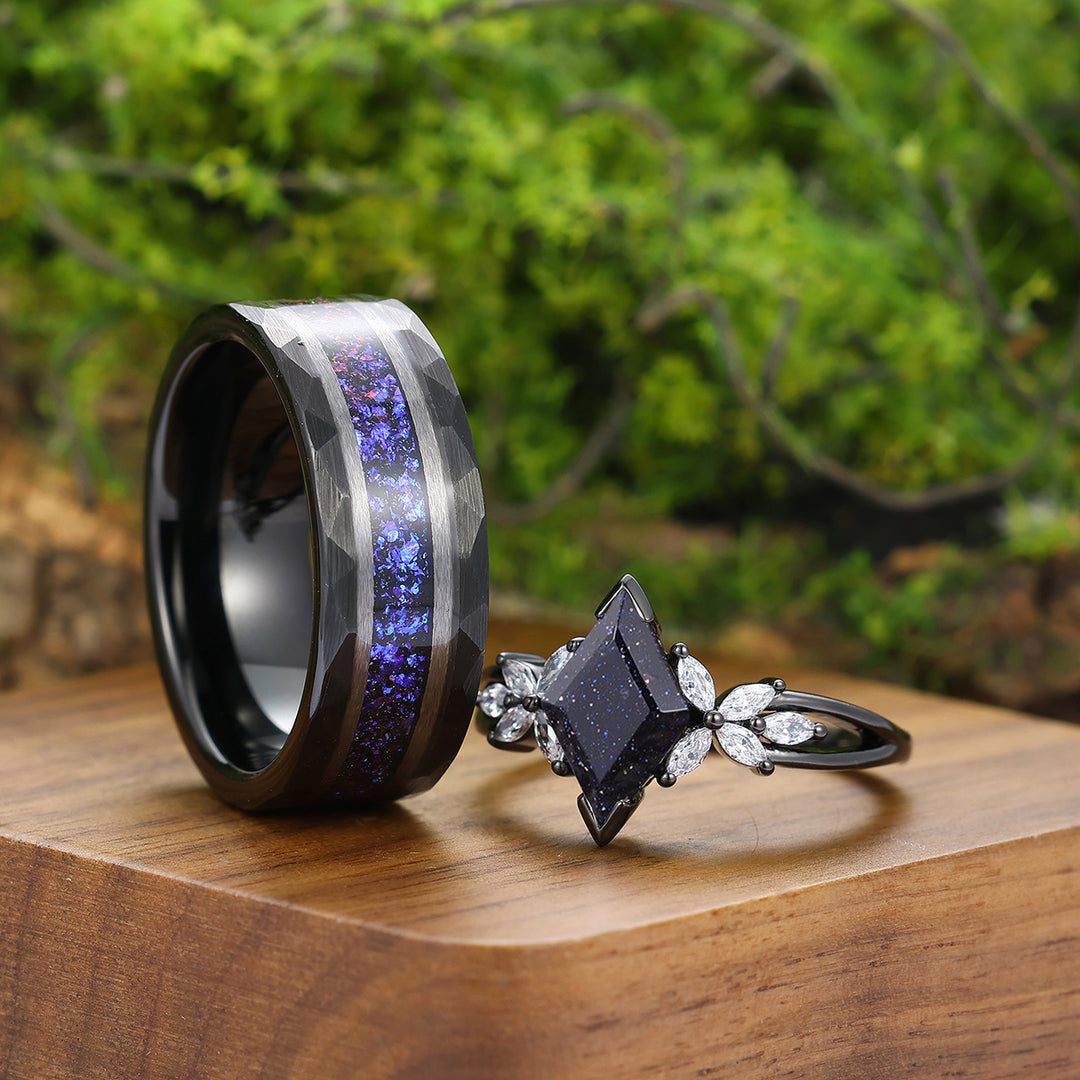 Delicate Petal Blue Sandstone Engagement Couple Rings Dark Blue Matching His And Hers Wedding Bands