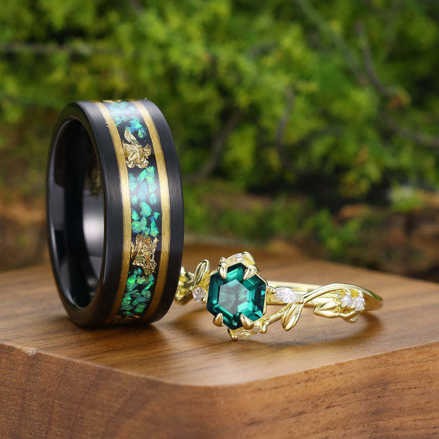 2 piezas Anillo de Pareja con Rama de Hoja de Esmeralda Anillo Verde a Juego para Hombre y Mujer