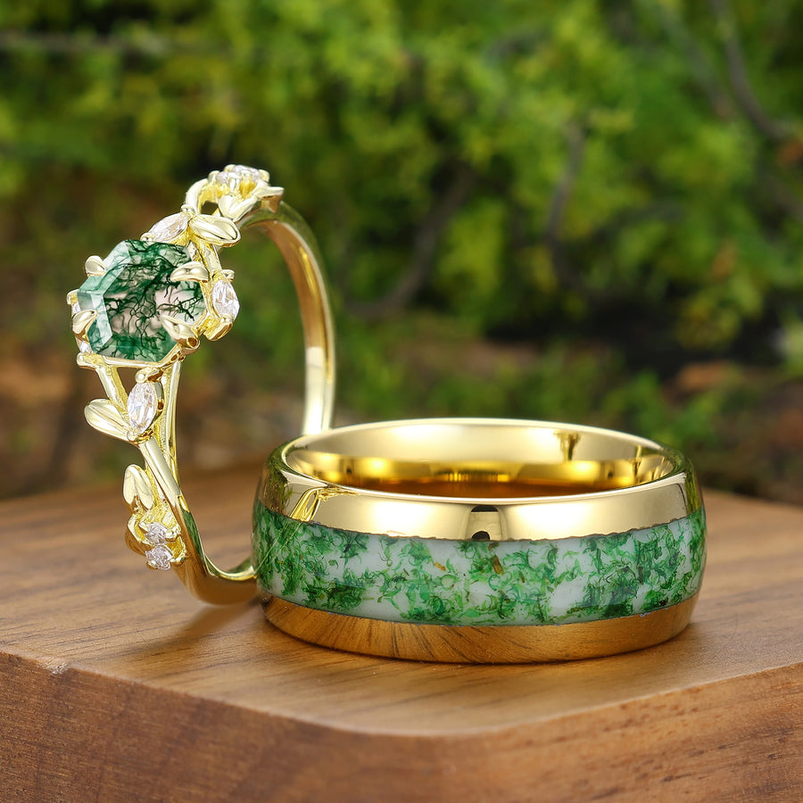 Anillos de Pareja de Ágata Musgosa Noble Anillo Grabado de Hoja Verde Para Ella Anillo de Tungsteno Para Él