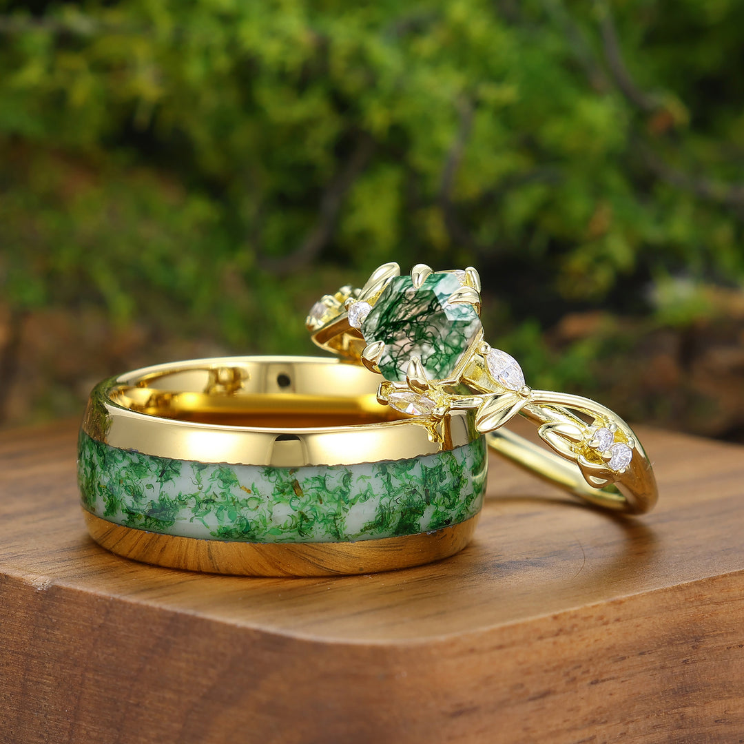 Anillos de Pareja de Ágata Musgosa Noble Anillo Grabado de Hoja
