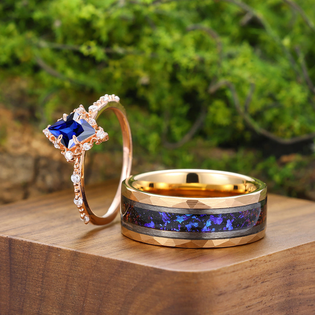 Dainty Sapphire Prong Gold Engagement Couple Rings Blue Tungsten Matching His And Hers Marriage Ring