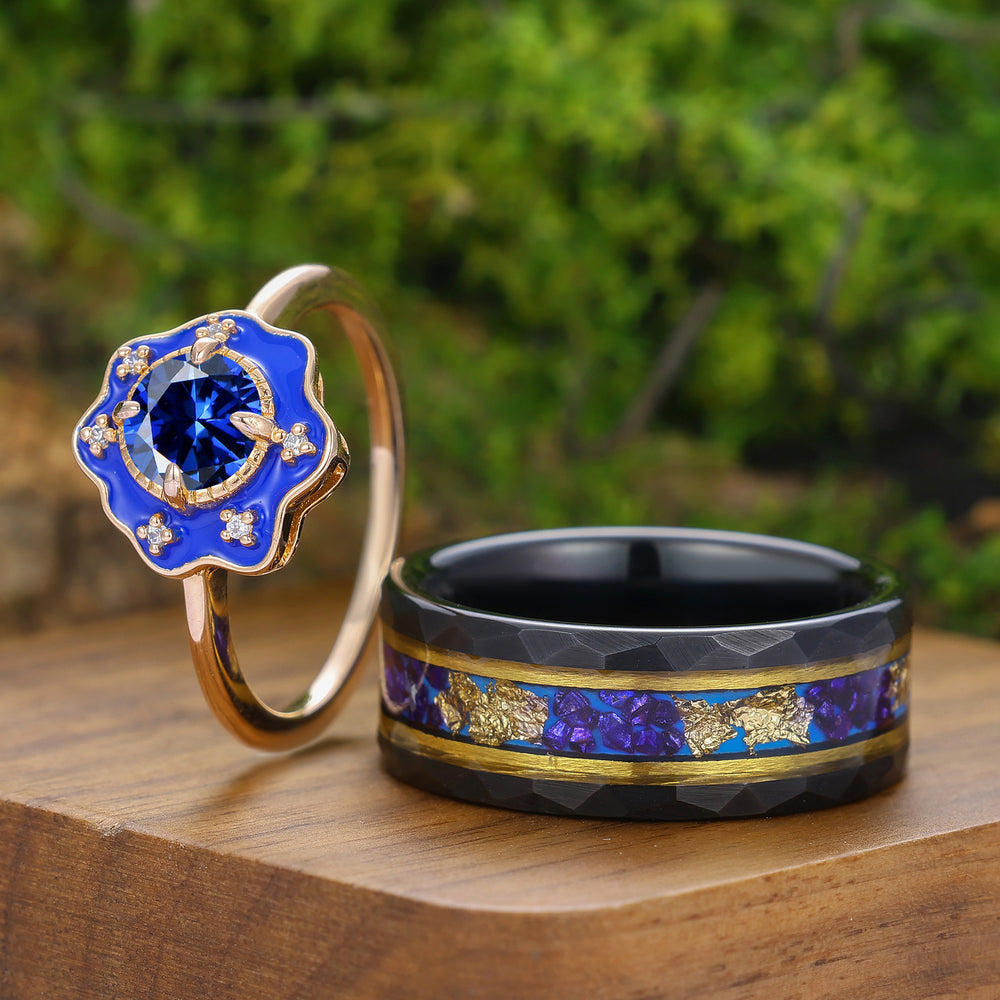 Dainty Round Cut Sapphire Couple Rings Unique Enamel Floral Design Matching Rings