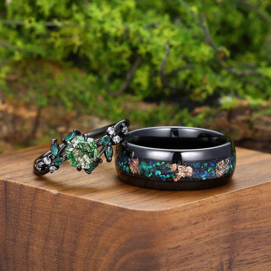 Artsy Leaf Shape Moss Agate Engagement Couple Rings S925 And Dome Tungsten His And Hers Wedding Bands.