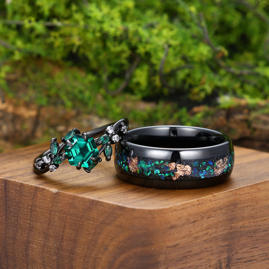 Stylish Emerald Curved Band Engagement Couple Rings Unique Wide Tungsten Birthday Anniversary Ring.