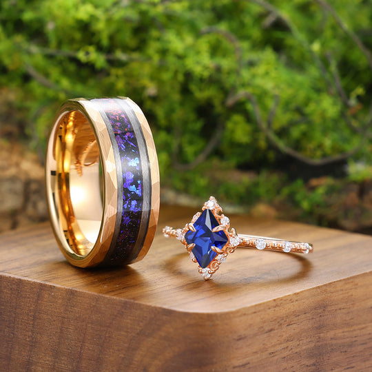 Dainty Sapphire Prong Gold Engagement Couple Rings Blue Tungsten Matching His And Hers Marriage Ring