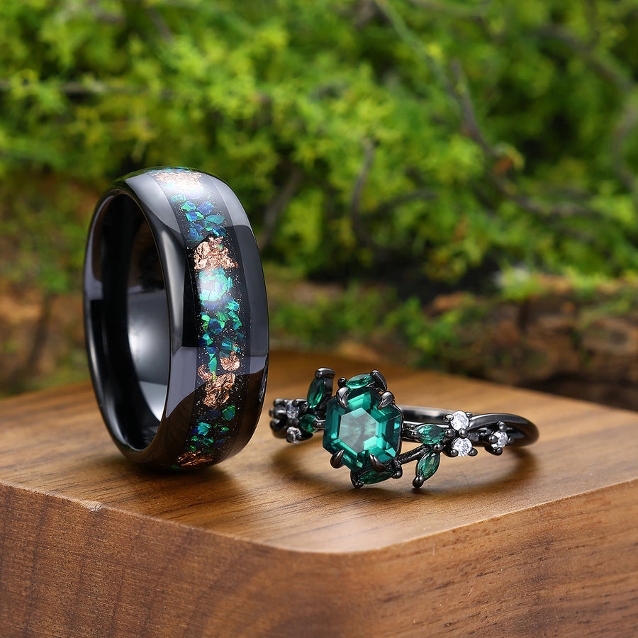 Stylish Emerald Curved Band Engagement Couple Rings Unique Wide Tungsten Birthday Anniversary Ring.