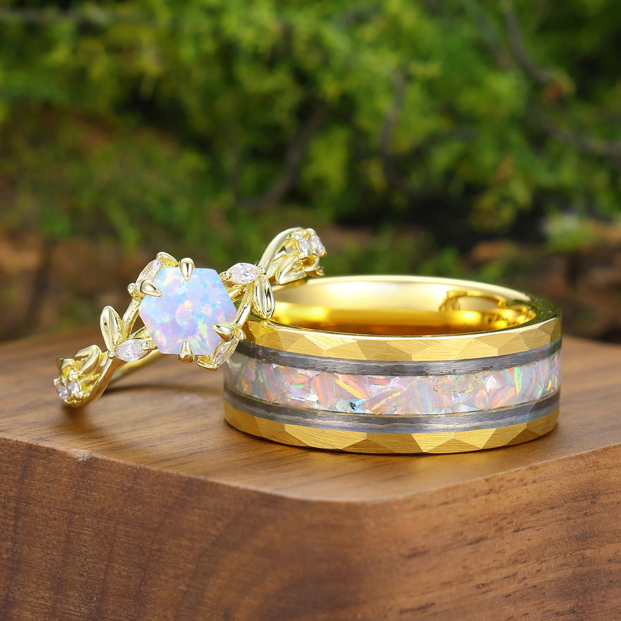 Conjunto de anillos para parejas con hoja de ópalo blanco rosa, anillo de promesa para él y para ella, 2 piezas, alianza de boda