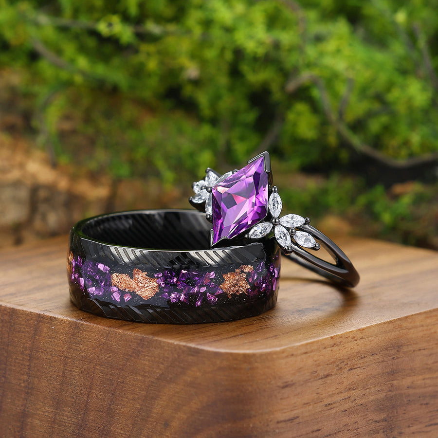 Floral Purple Amethyst Engagement Couple Rings Promise Damascus Matching His And Hers Wedding Rings -  Esdomera.com