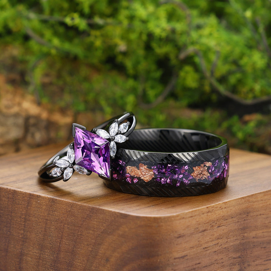 Floral Purple Amethyst Engagement Couple Rings Promise Damascus Matching His And Hers Wedding Rings -  Esdomera.com
