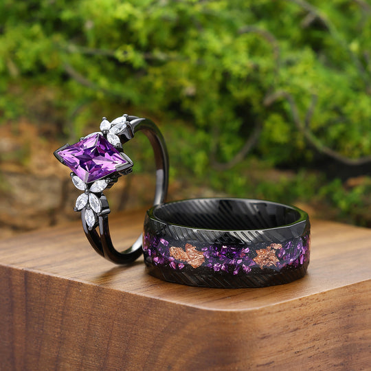 Floral Purple Amethyst Engagement Couple Rings Promise Damascus Matching His And Hers Wedding Rings