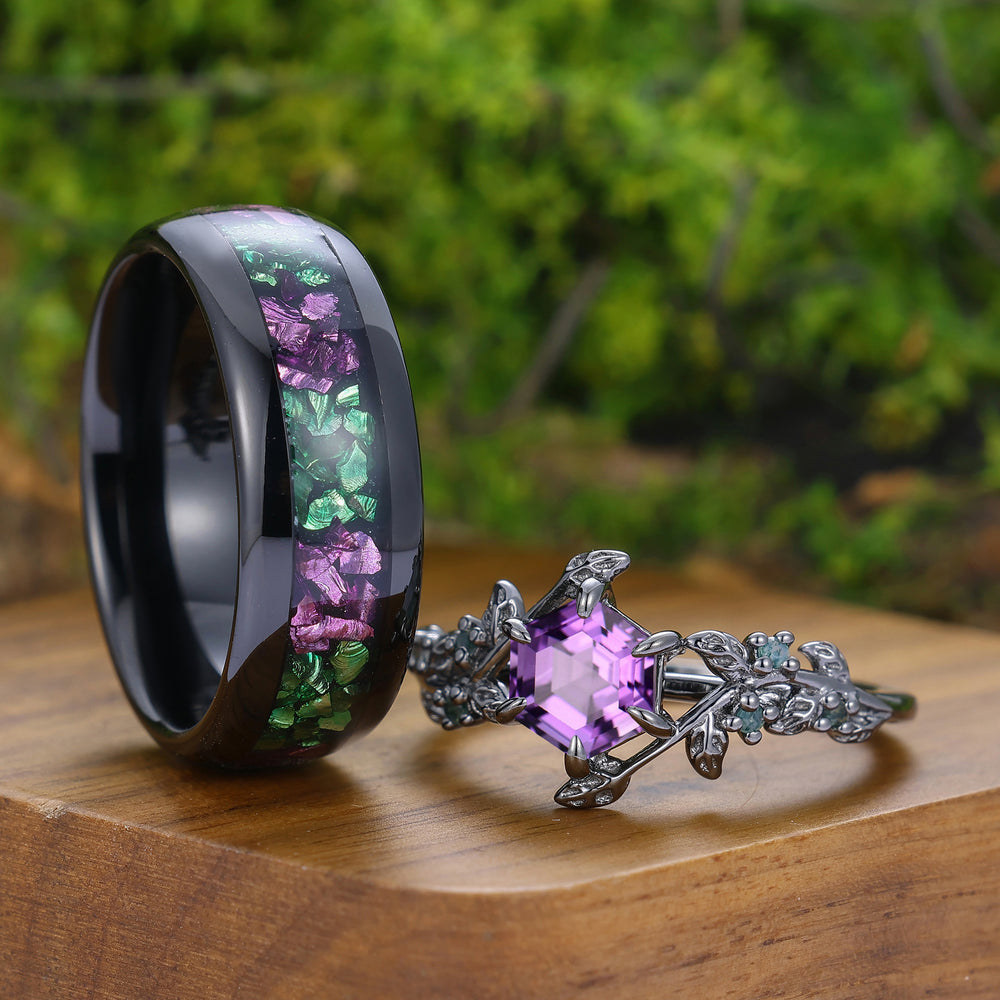 Stylish Natural Engagement Amethyst Twig Couple Rings Matching Tungsten Ring For Men And Women