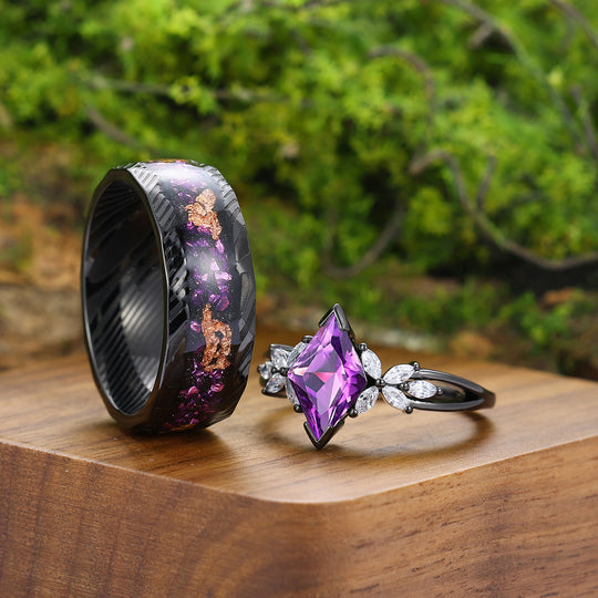 Floral Purple Amethyst Engagement Couple Rings Promise Damascus Matching His And Hers Wedding Rings