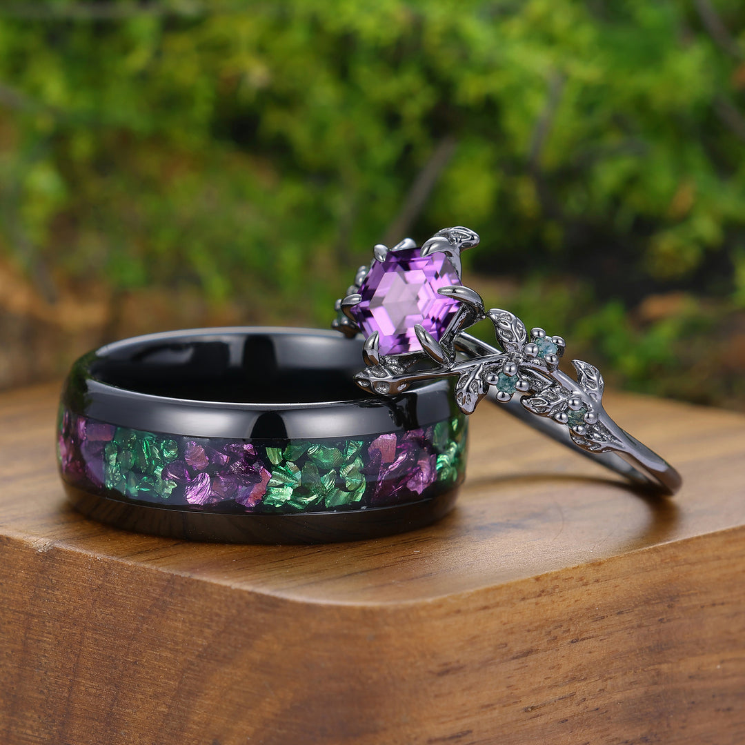 Stylish Natural Engagement Amethyst Twig Couple Rings Matching Tungsten Ring For Men And Women