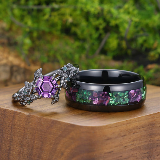 Stylish Natural Engagement Amethyst Twig Couple Rings Matching Tungsten Ring For Men And Women