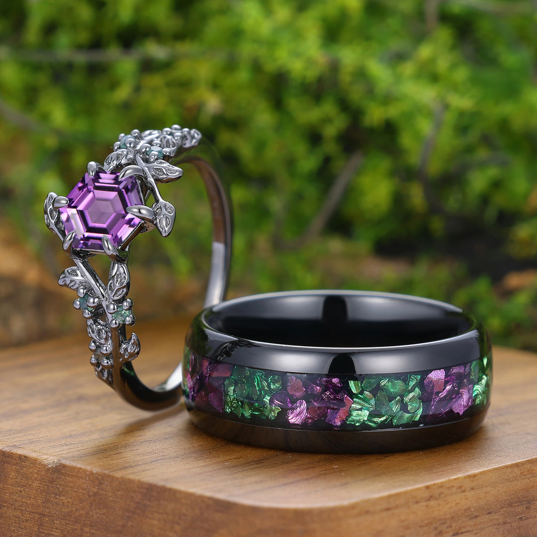 Stylish Natural Engagement Amethyst Twig Couple Rings Matching Tungsten Ring For Men And Women