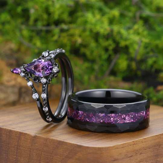 Scrollwork Natural Amethyst Black Plated Couple Rings Art Deco Milgrained Matching Ring Set