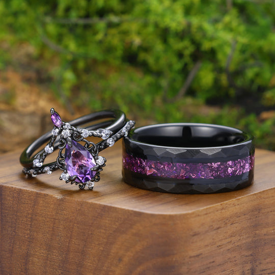 Scrollwork Natural Amethyst Black Plated Couple Rings Art Deco Milgrained Matching Ring Set