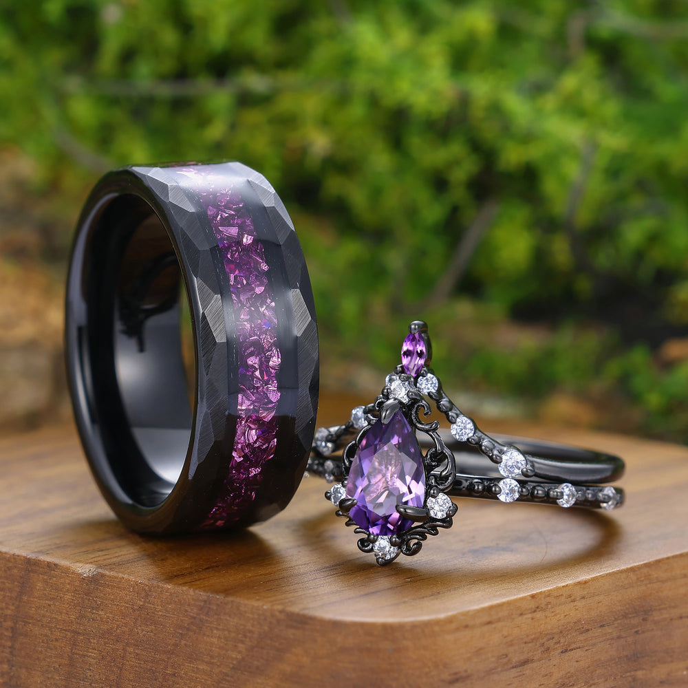 Scrollwork Natural Amethyst Black Plated Couple Rings Art Deco Milgrained Matching Ring Set