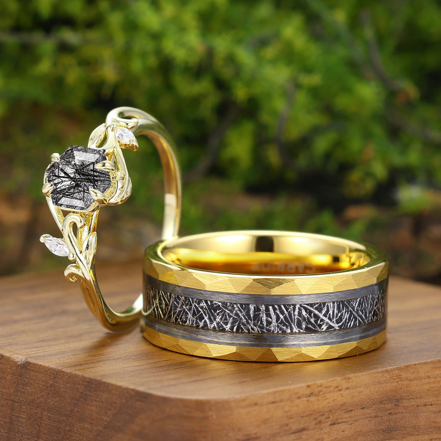 Anillos de pareja a juego con diseño de ramita de cuarzo rutilado negro natural para ella y para él