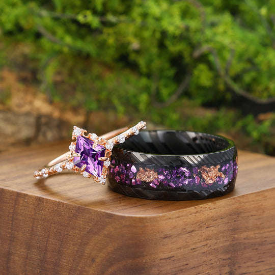 Dainty Filigreed Purple Amethyst Engagement Couple Rings Matching His And Hers Wedding Rings