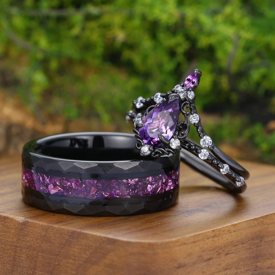 Scrollwork Natural Amethyst Black Plated Couple Rings Art Deco Milgrained Matching Ring Set