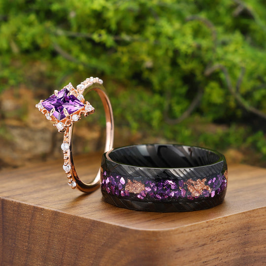 Dainty Filigreed Purple Amethyst Engagement Couple Rings Matching His And Hers Wedding Rings