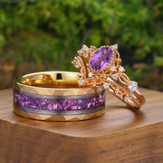 Antieke ovale stelringen met natuurlijke amethist en krulwerk, unieke milgrain-ringen voor hem en haar