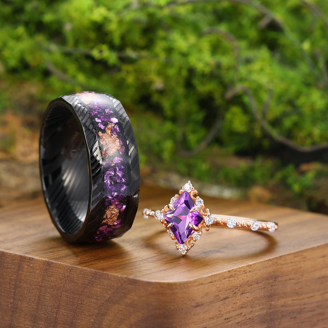 Dainty Filigreed Purple Amethyst Engagement Couple Rings Matching His And Hers Wedding Rings