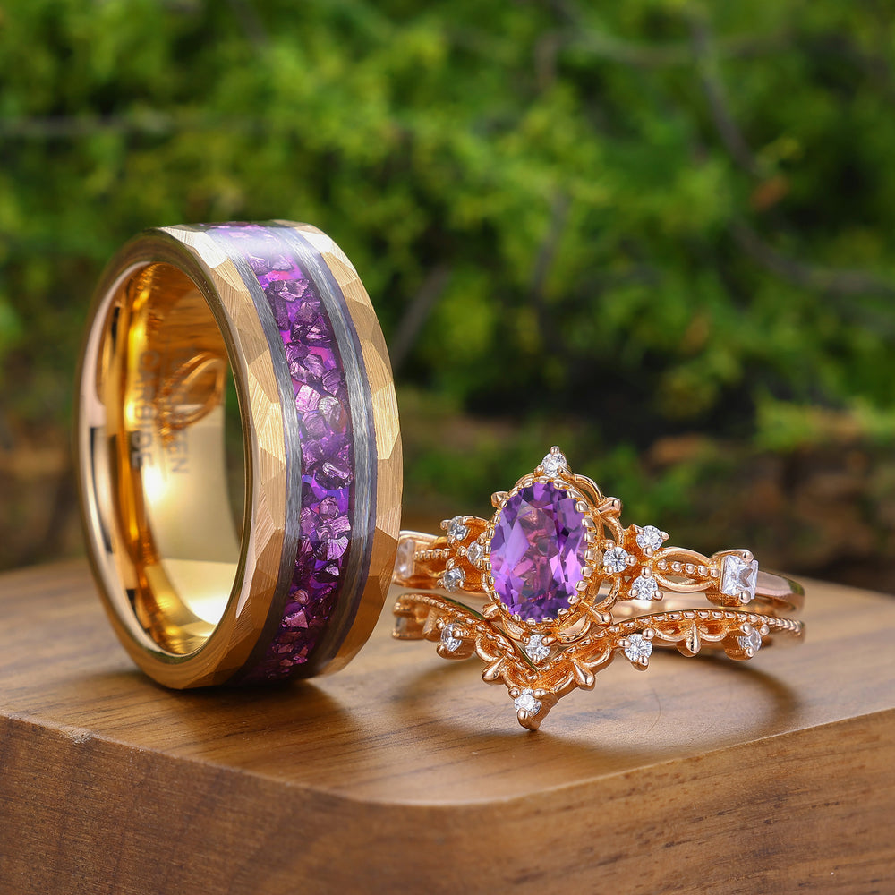 Antique Oval Natural Amethyst Scrollwork Couple Rings Unique Milgrained Rings For Him And Hers