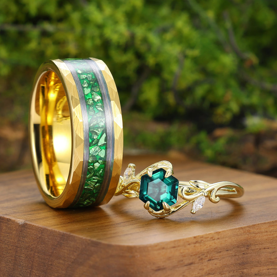 Anillo a juego con rama de hoja de esmeralda verde para hombres y mujeres, juego de 2 anillos para pareja