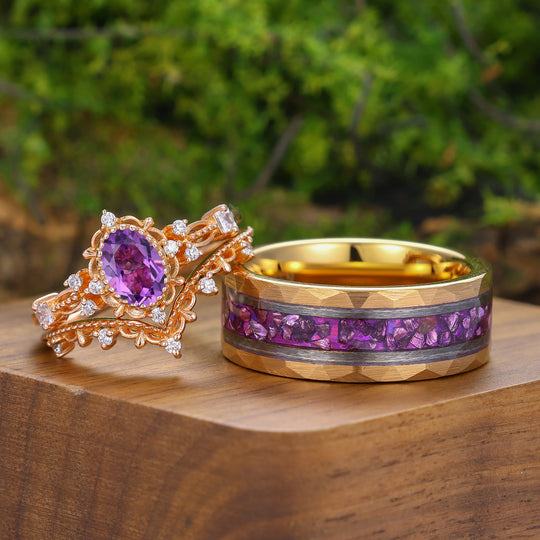 Antieke ovale stelringen met natuurlijke amethist en krulwerk, unieke milgrain-ringen voor hem en haar