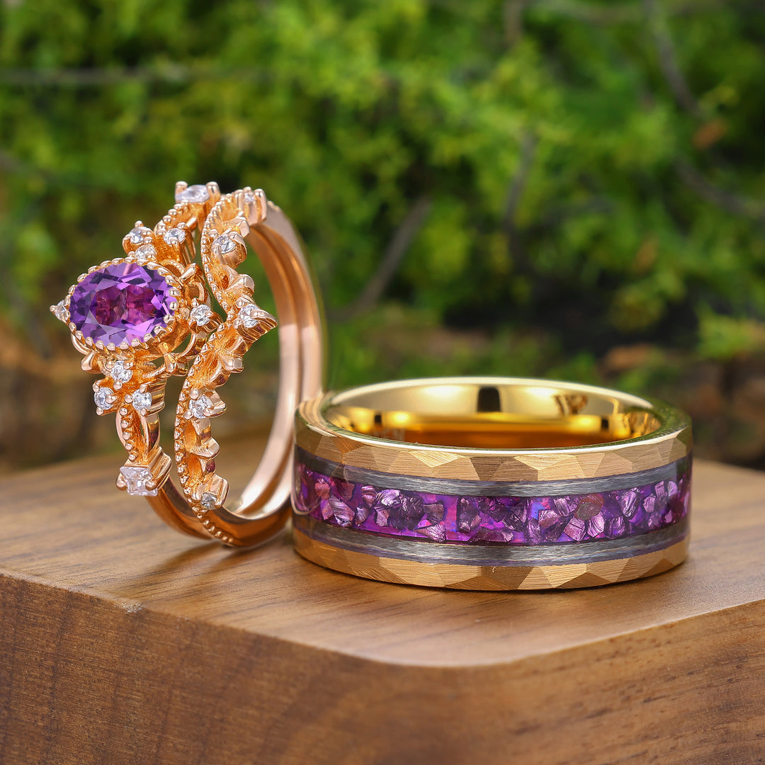 Antieke ovale stelringen met natuurlijke amethist en krulwerk, unieke milgrain-ringen voor hem en haar