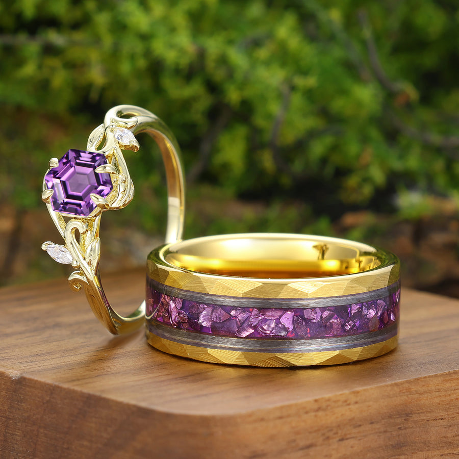 Anillos de pareja a juego en forma de vid de amatista púrpura, anillo de plata esterlina 925 y tungsteno