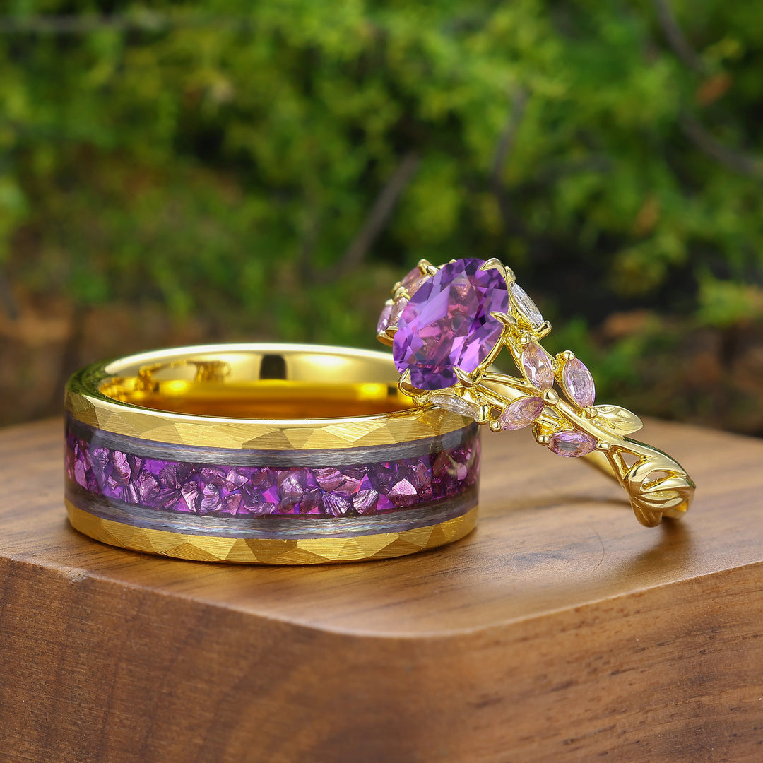 Branch Design Paarse amethist matchende ringen voor hem en haar, geelgoud verguld