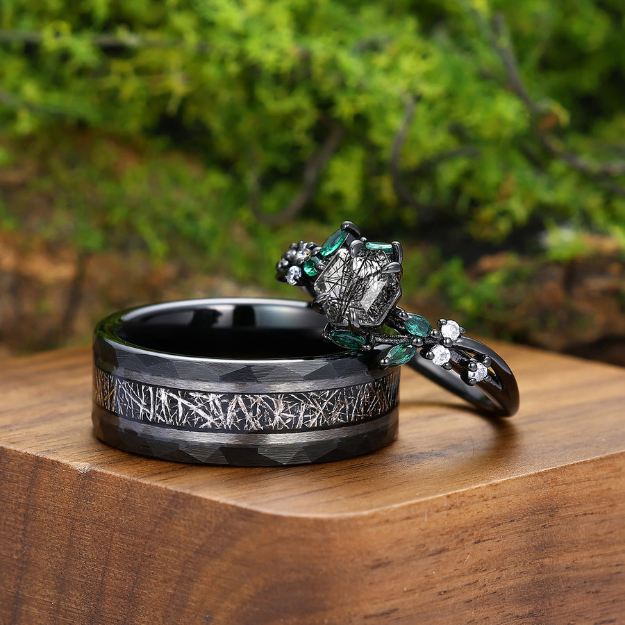 Delicate Natural Black Rutilated Quartz Engagement Rings For Couples Personalized Couples' Set.