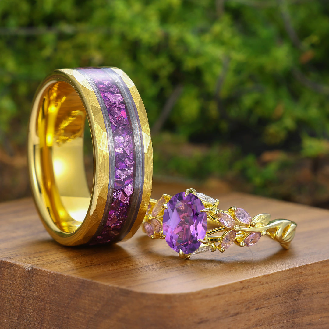 Branch Design Paarse amethist matchende ringen voor hem en haar, geelgoud verguld