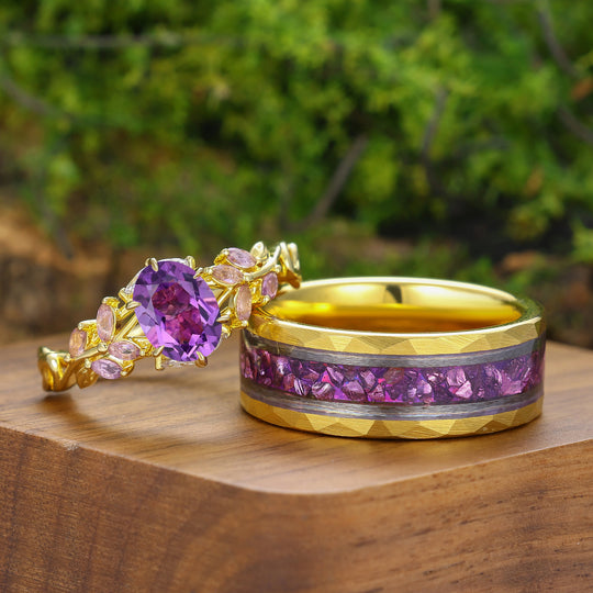 Branch Design Paarse amethist matchende ringen voor hem en haar, geelgoud verguld