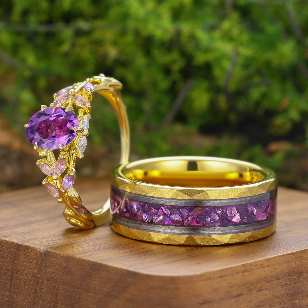 Branch Design Purple Amethyst His And Hers Matching Rings Yellow Gold Plated Couple Rings