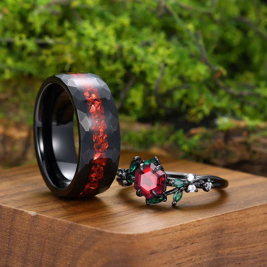 Dainty Red Garnet Leaf Accents Emerald Engagement Couple Rings Matching Crushed Red Gemstone Men's Ring.
