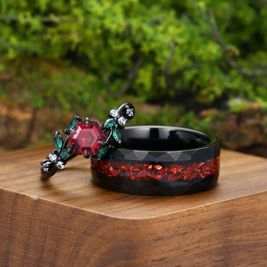 Dainty Red Garnet Leaf Accents Emerald Engagement Couple Rings Matching Crushed Red Gemstone Men's Ring.