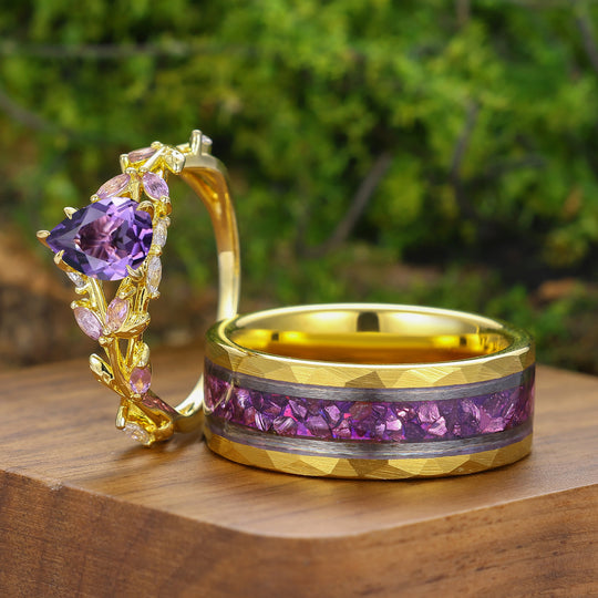 Artistieke natuurlijke amethist takstijl set trouwringen voor hem en haar