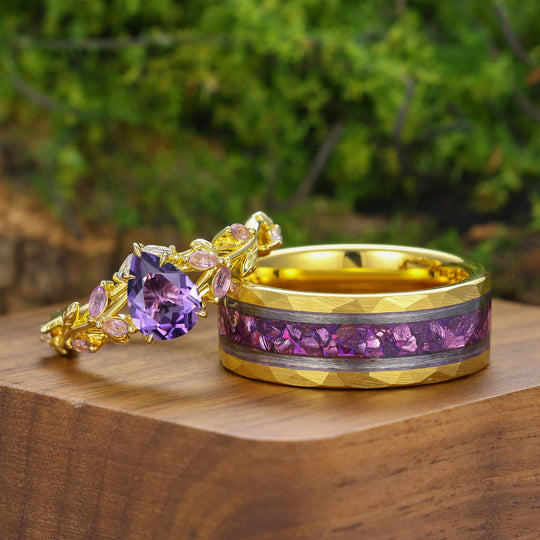 Artistieke natuurlijke amethist takstijl set trouwringen voor hem en haar