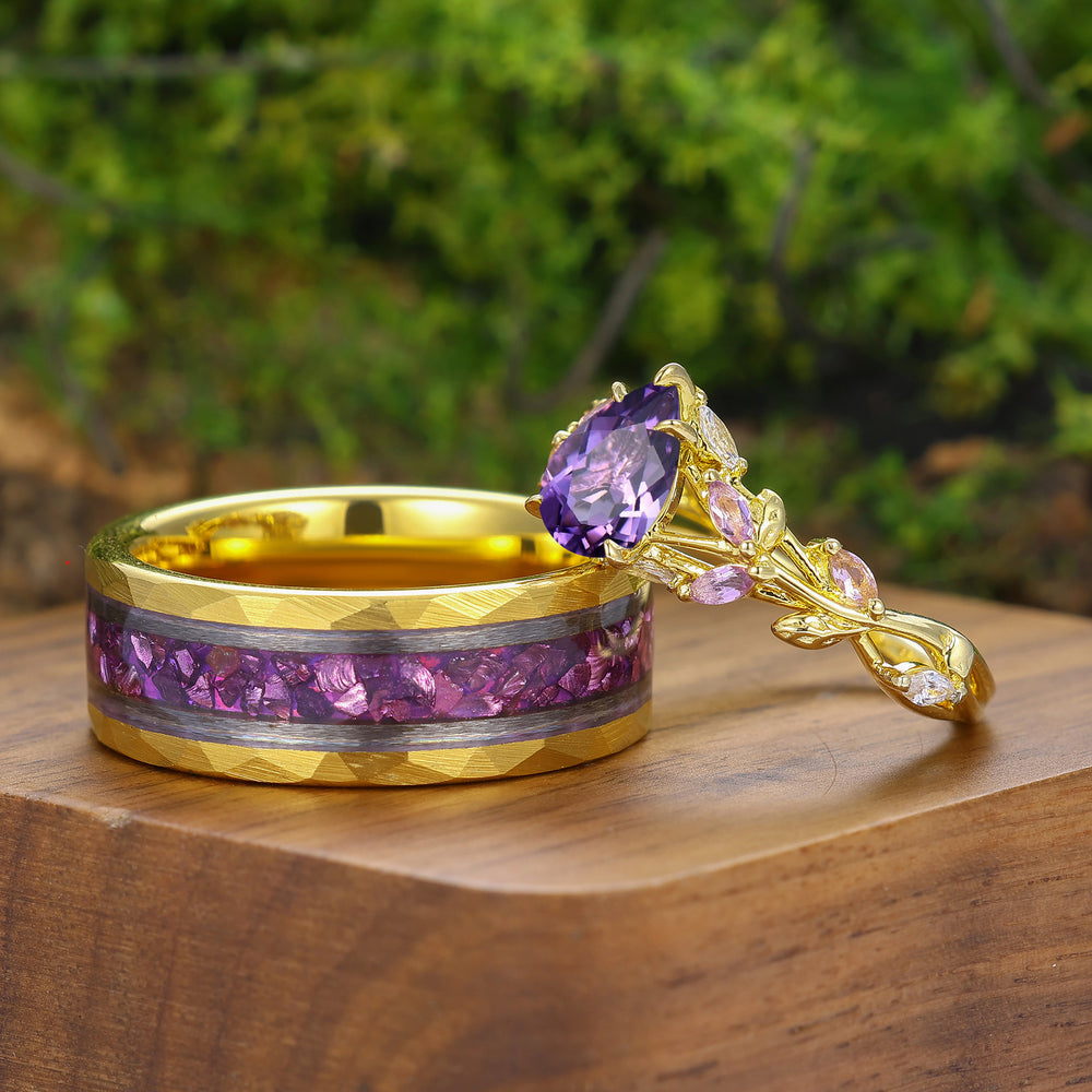 Artsy Natural Amethyst Branch Style Couple Rings Marriage Ring Set For Men And Women