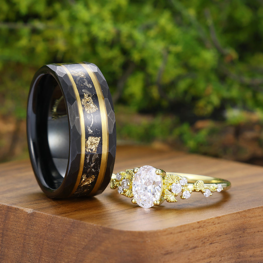 Oval Moissanite Couples Ring with Golden Ginkgo Leaf Relief Band 2pc Matching Ring Set