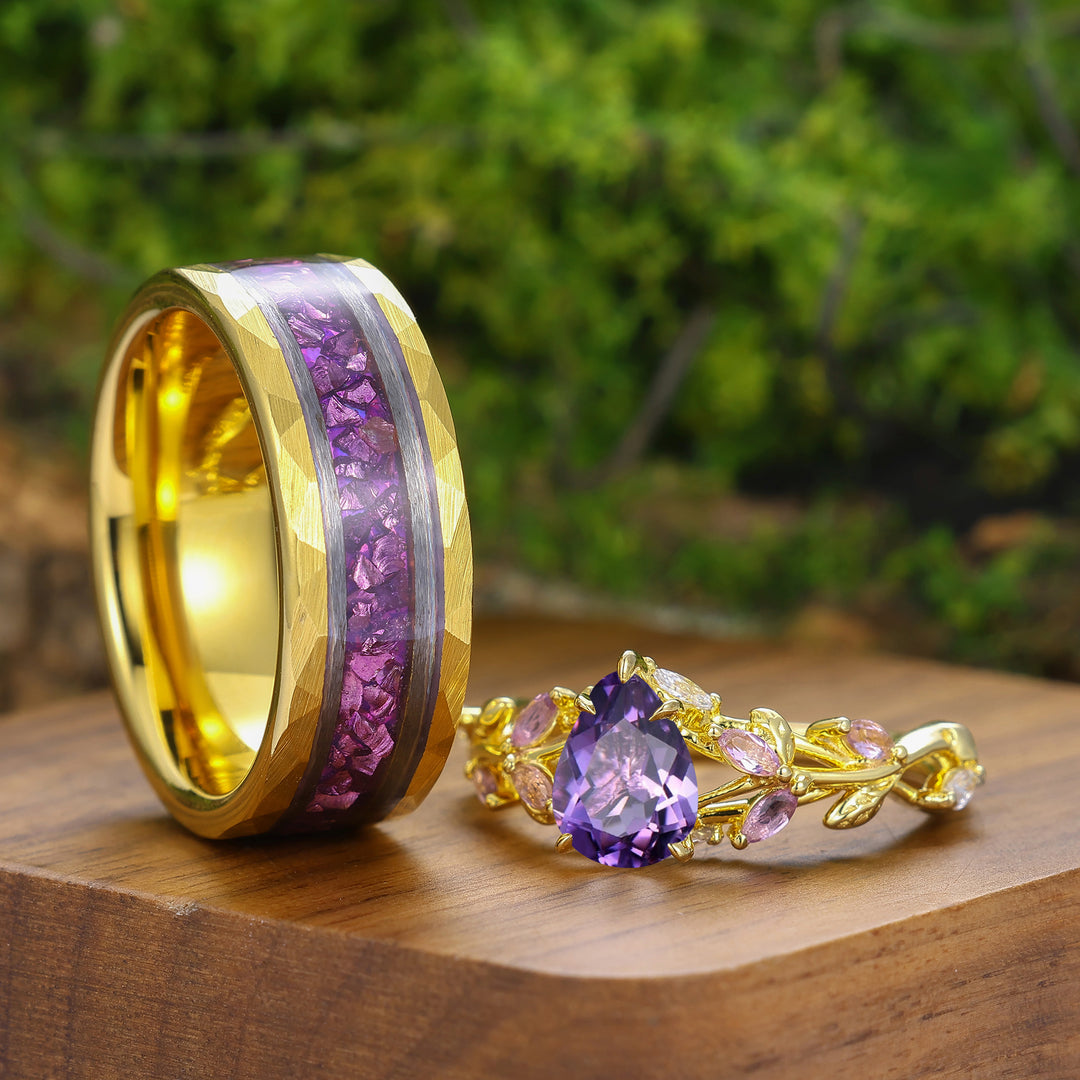 Artistieke natuurlijke amethist takstijl set trouwringen voor hem en haar