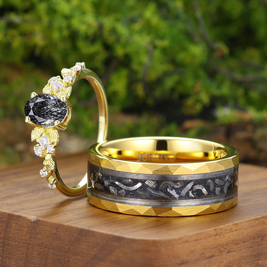 Anillos de pareja con diseño de hoja de ginkgo en cuarzo rutilado negro natural, conjunto de anillos a juego en negro y dorado