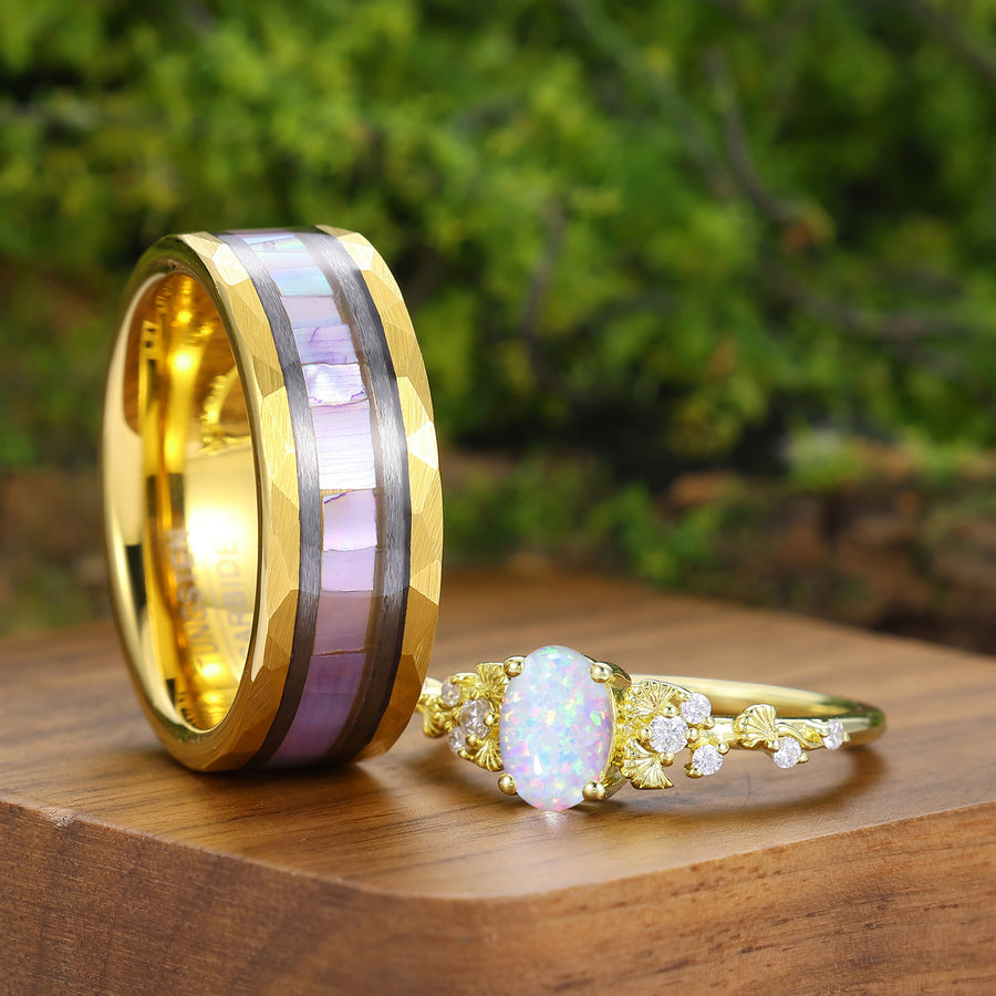 Pink White Ginkgo Leaves Shape Couple Rings Unique Matching Rings For Men And Women